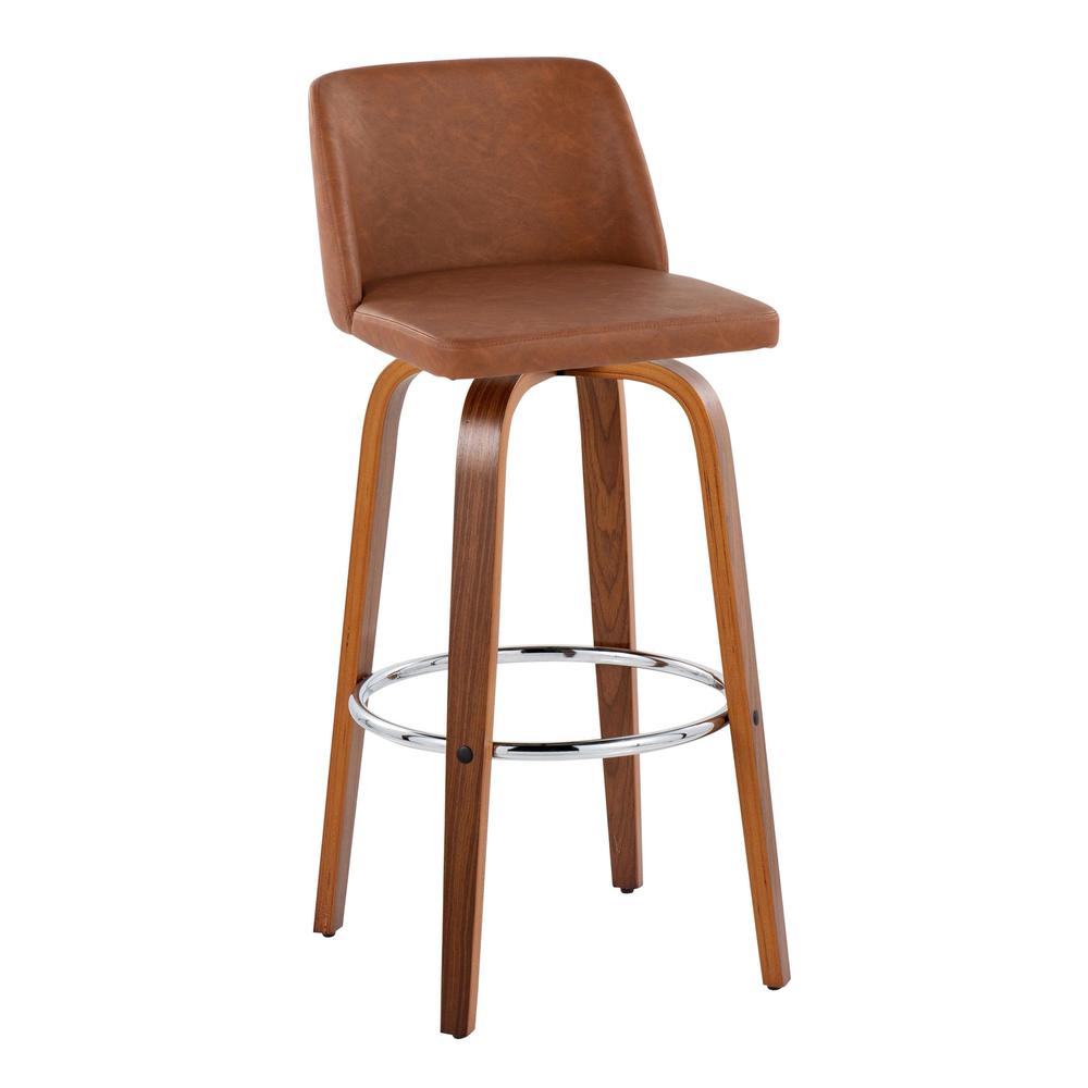 Walnut Wood, Camel PU, Chrome Metal Toriano 30" Fixed-Height Barstool - Set of 2. Picture 2