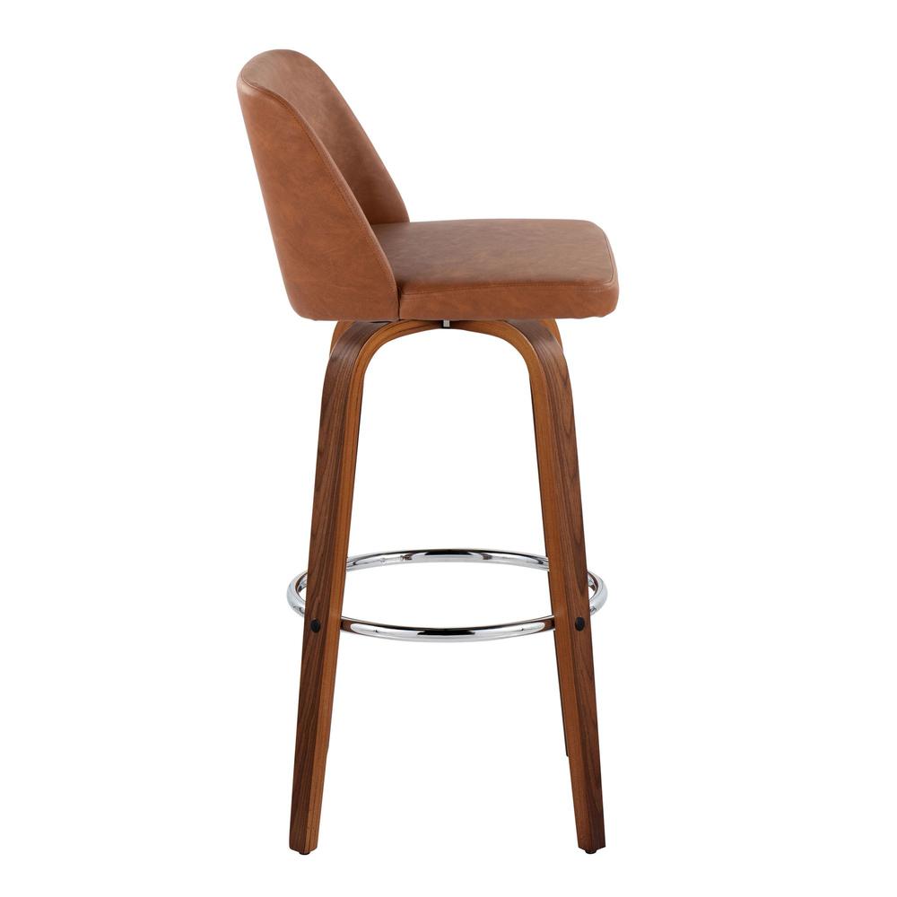 Walnut Wood, Camel PU, Chrome Metal Toriano 30" Fixed-Height Barstool - Set of 2. Picture 3