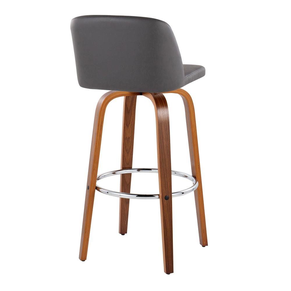 Walnut Wood, Grey PU, Chrome Metal Toriano 30" Fixed-Height Barstool - Set of 2. Picture 4