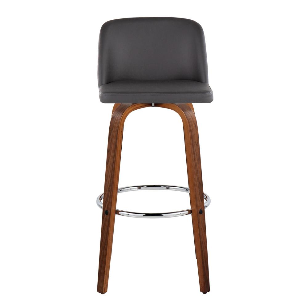 Walnut Wood, Grey PU, Chrome Metal Toriano 30" Fixed-Height Barstool - Set of 2. Picture 6