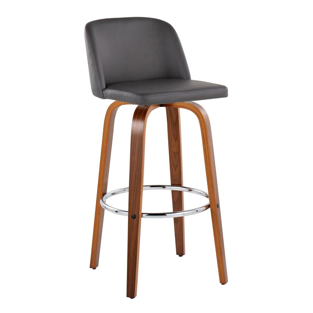 Walnut Wood, Grey PU, Chrome Metal Toriano 30" Fixed-Height Barstool - Set of 2. Picture 2
