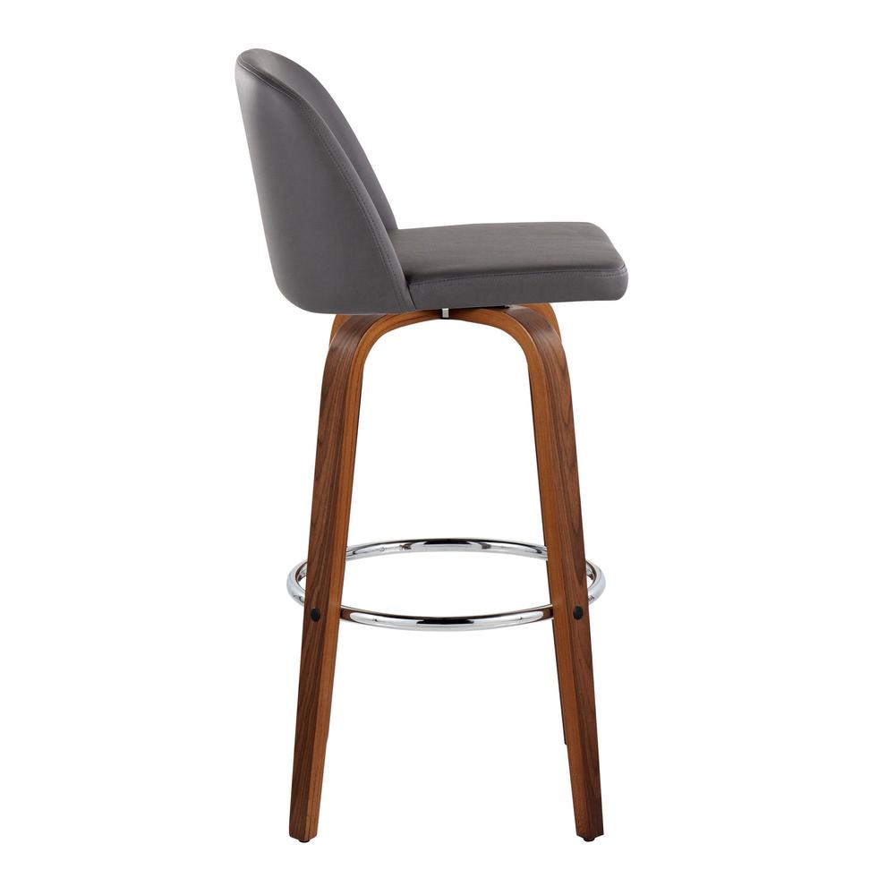 Walnut Wood, Grey PU, Chrome Metal Toriano 30" Fixed-Height Barstool - Set of 2. Picture 3