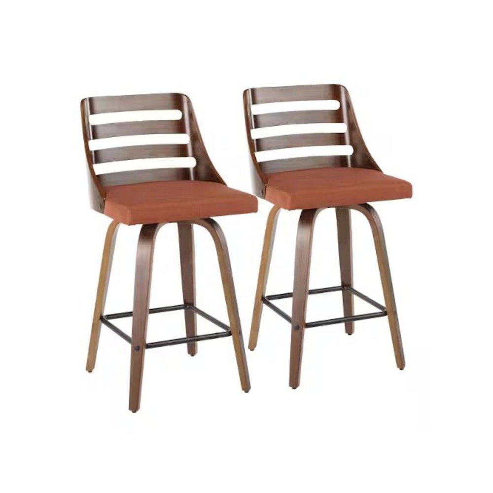 Walnut Wood, Orange Fabric, Black Metal Trevi Counter Stool - Set of 2. Picture 1