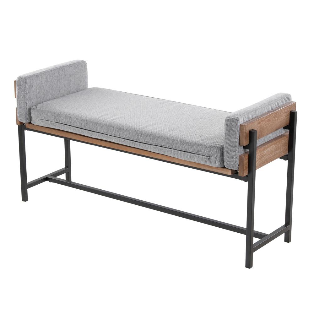Black Metal, Brown Wood, Light Grey Fabric Kari Bench. Picture 3