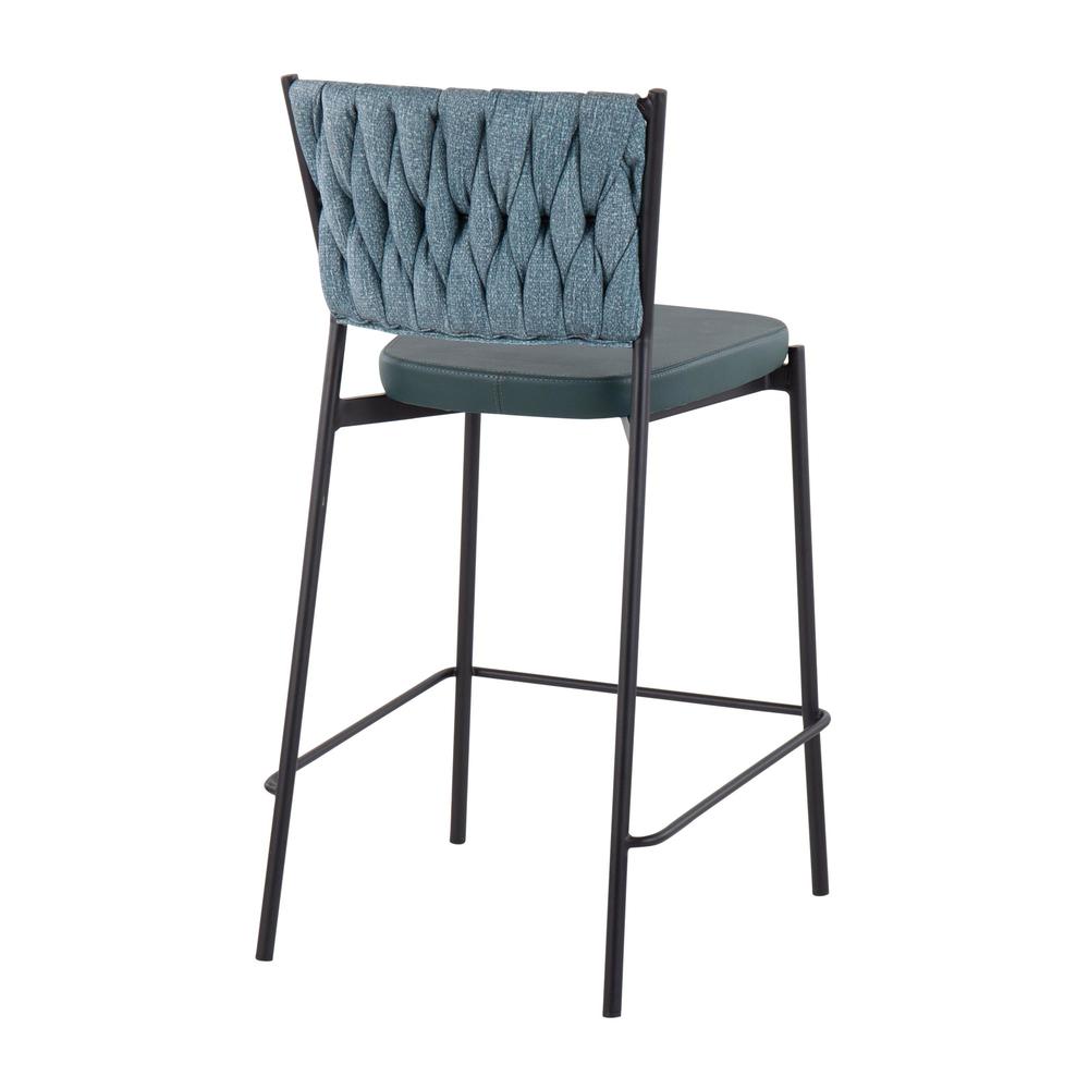 Black Metal, Green PU, Sea Green Fabric Braided Tania Counter Stool - Set of 2. Picture 4