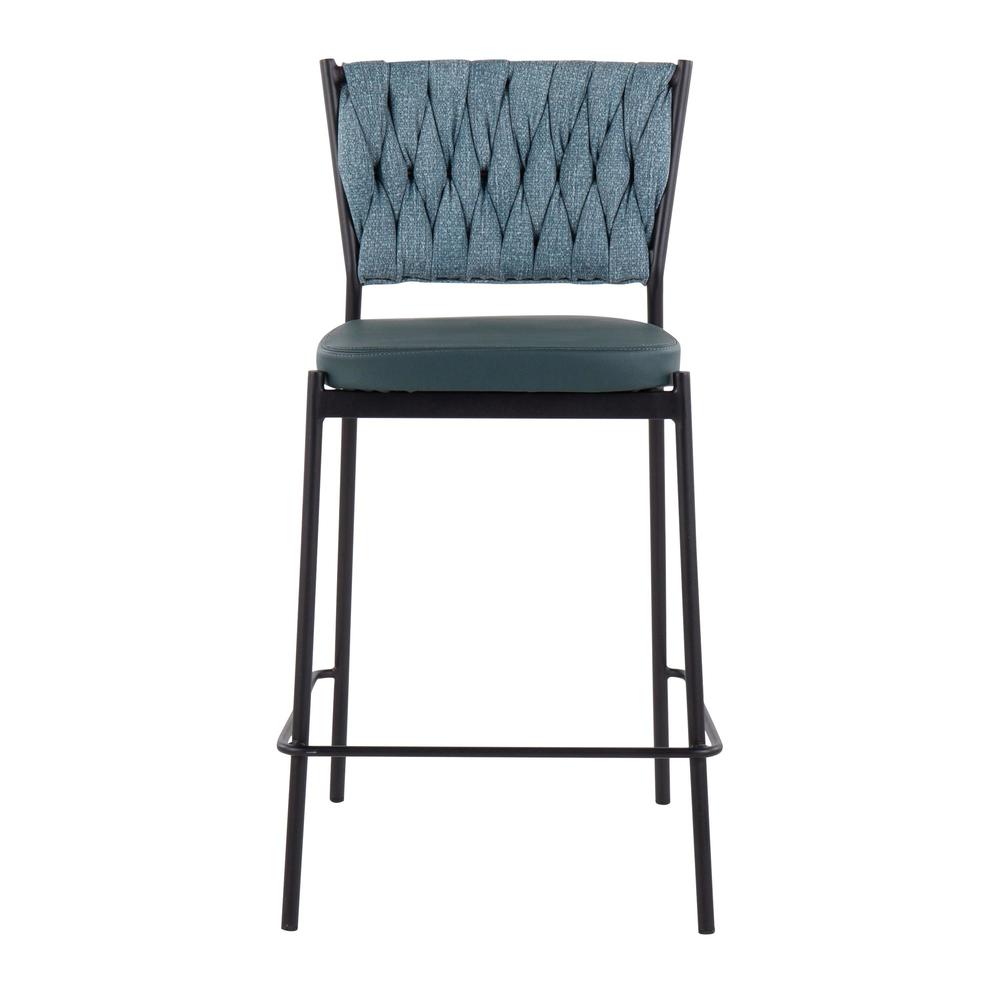 Black Metal, Green PU, Sea Green Fabric Braided Tania Counter Stool - Set of 2. Picture 6