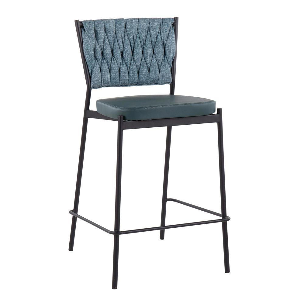 Black Metal, Green PU, Sea Green Fabric Braided Tania Counter Stool - Set of 2. Picture 2
