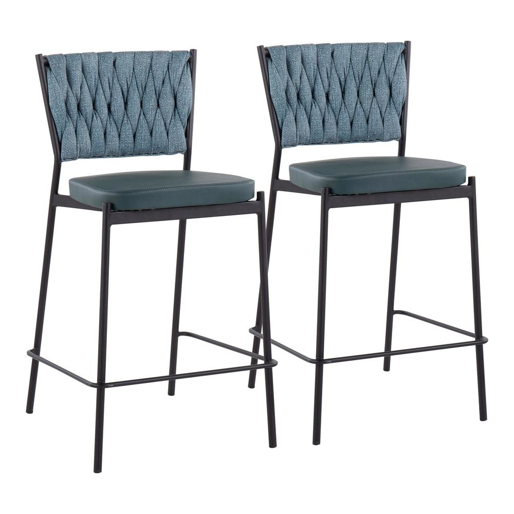 Black Metal, Green PU, Sea Green Fabric Braided Tania Counter Stool - Set of 2. Picture 1