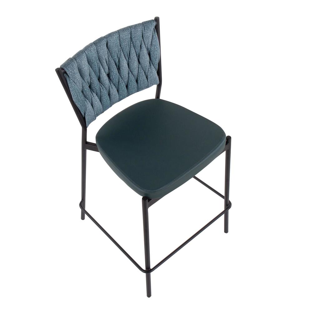 Black Metal, Green PU, Sea Green Fabric Braided Tania Counter Stool - Set of 2. Picture 7