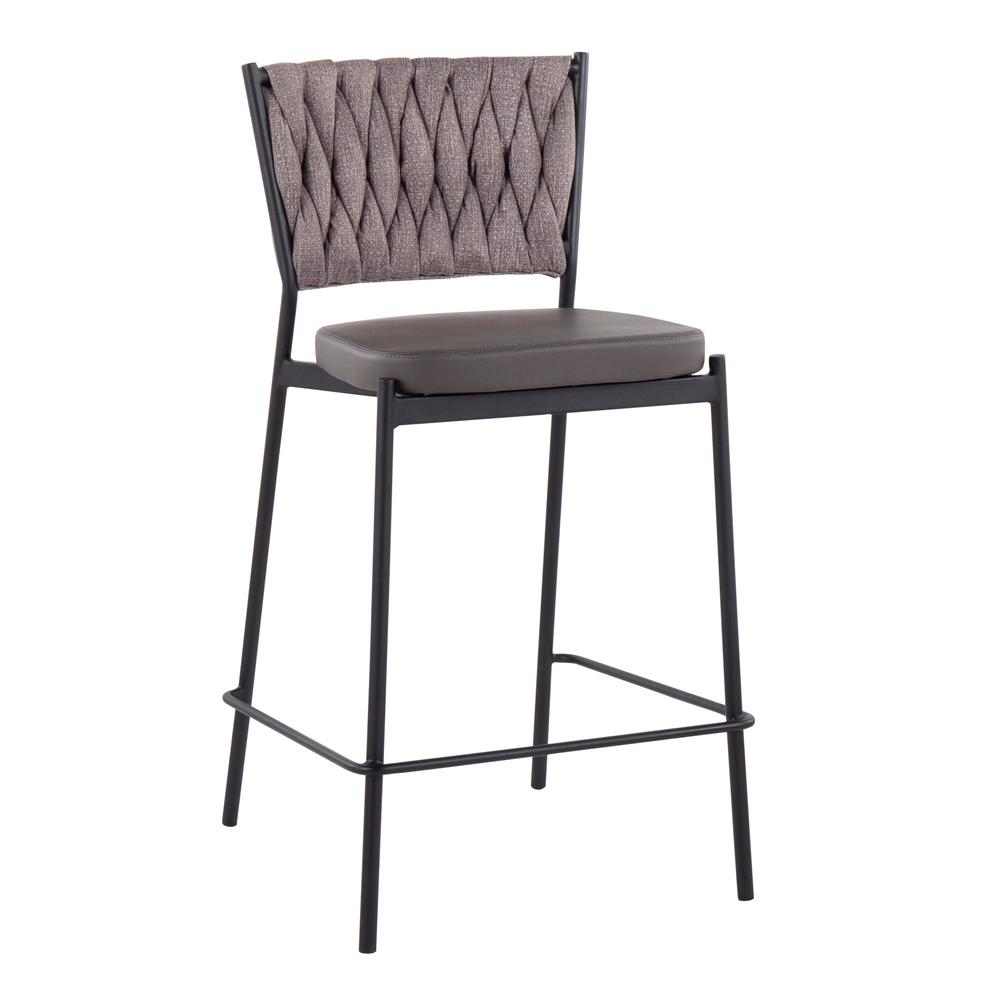 Black Metal, Grey PU, Light Brown Fabric Braided Tania Counter Stool - Set of 2. Picture 2