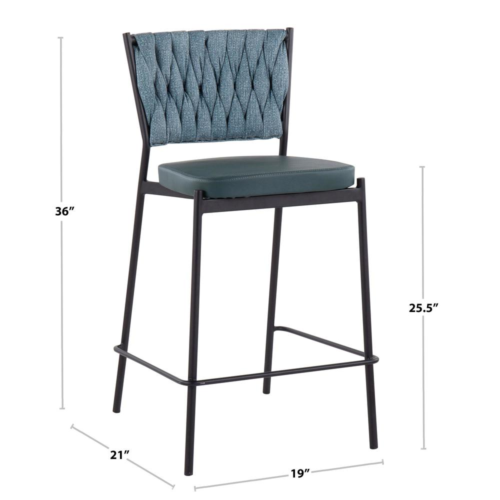Black Metal, Green PU, Sea Green Fabric Braided Tania Counter Stool - Set of 2. Picture 8