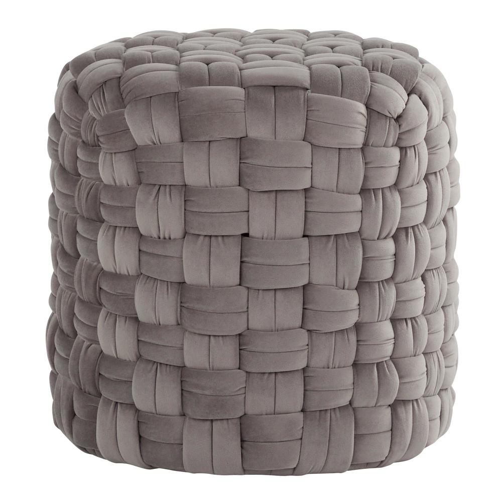 Dark Grey Velvet Braided Round 16" Ottoman. Picture 1