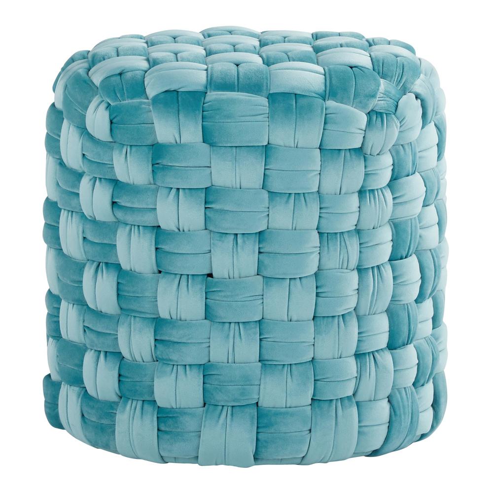 Ice Blue Velvet Braided Round 16" Ottoman. Picture 1
