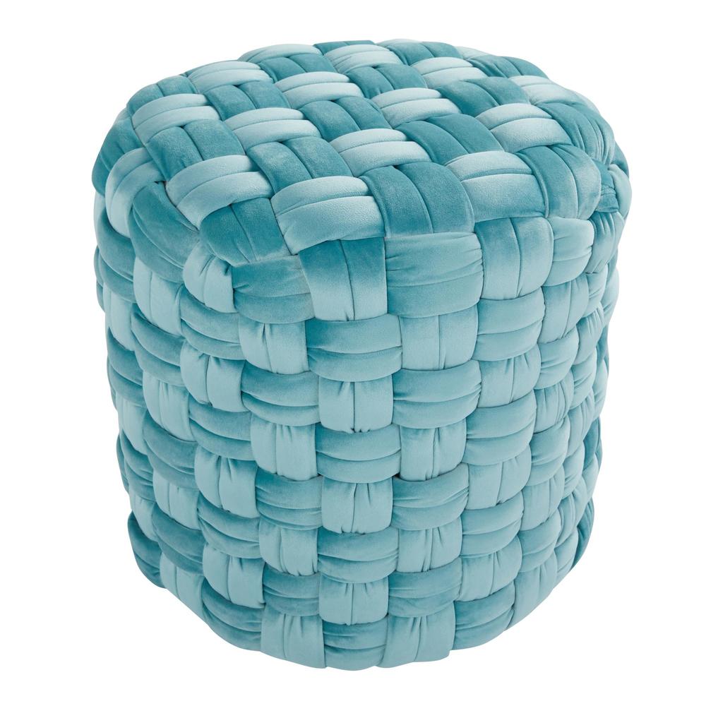 Ice Blue Velvet Braided Round 16" Ottoman. Picture 2