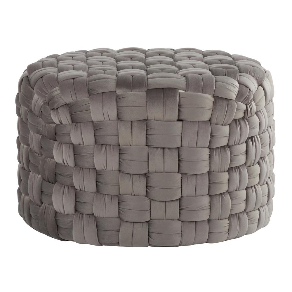 Dark Grey Velvet Braided Round 24" Ottoman. Picture 1