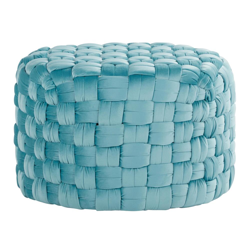 Ice Blue Velvet Braided Round 24" Ottoman. Picture 1