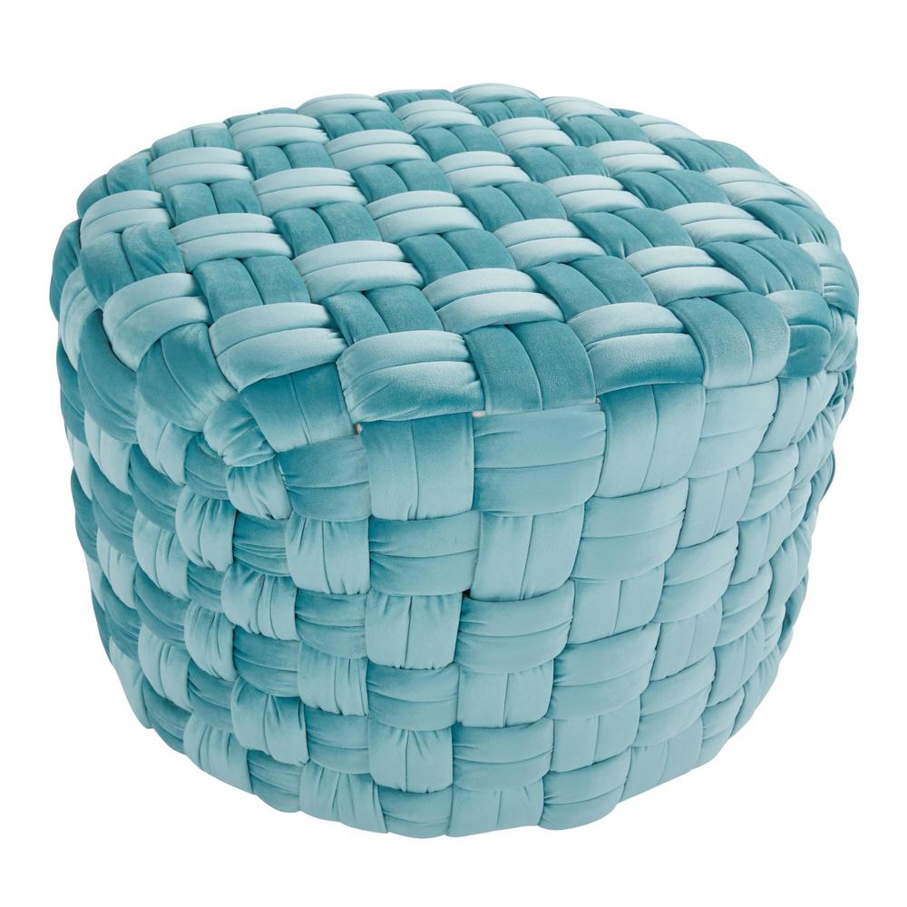Ice Blue Velvet Braided Round 24" Ottoman. Picture 2