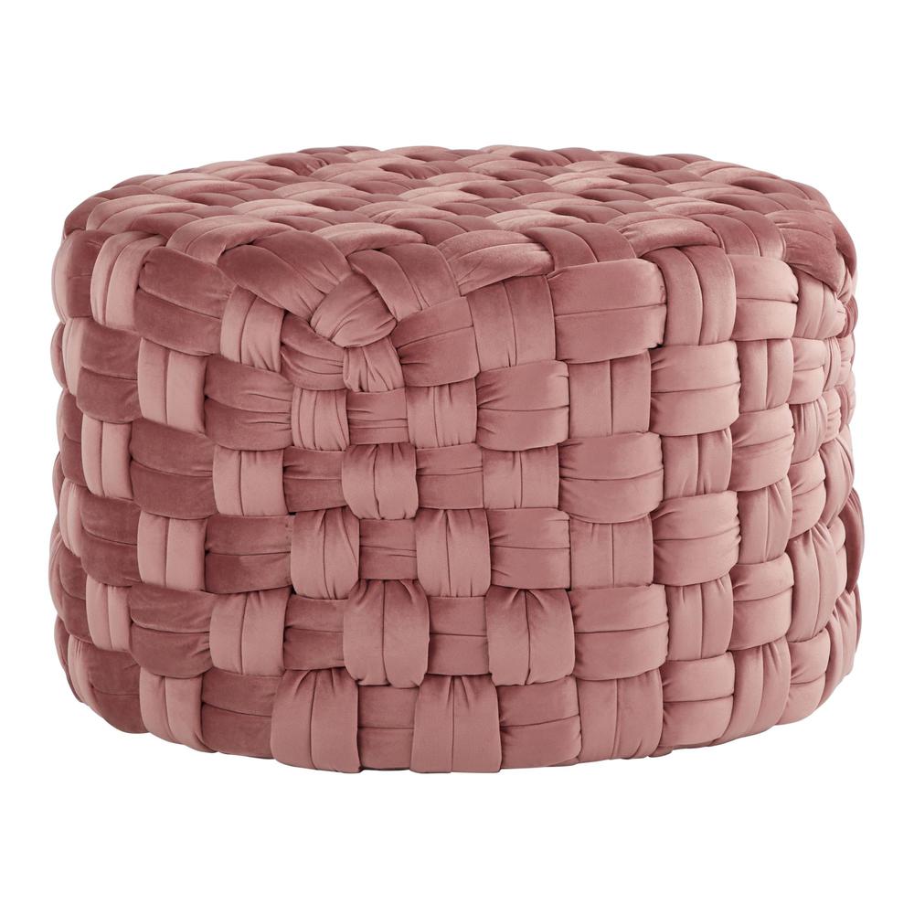 Blush Pink Velvet Braided Round 24" Ottoman. Picture 1