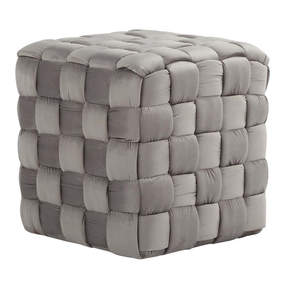 Dark Grey Velvet Braided Square 16" Ottoman. Picture 1