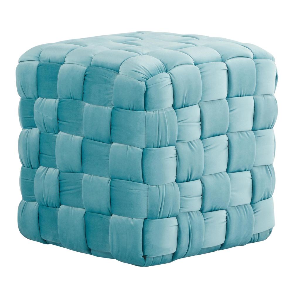 Ice Blue Velvet Braided Square 16" Ottoman. Picture 1