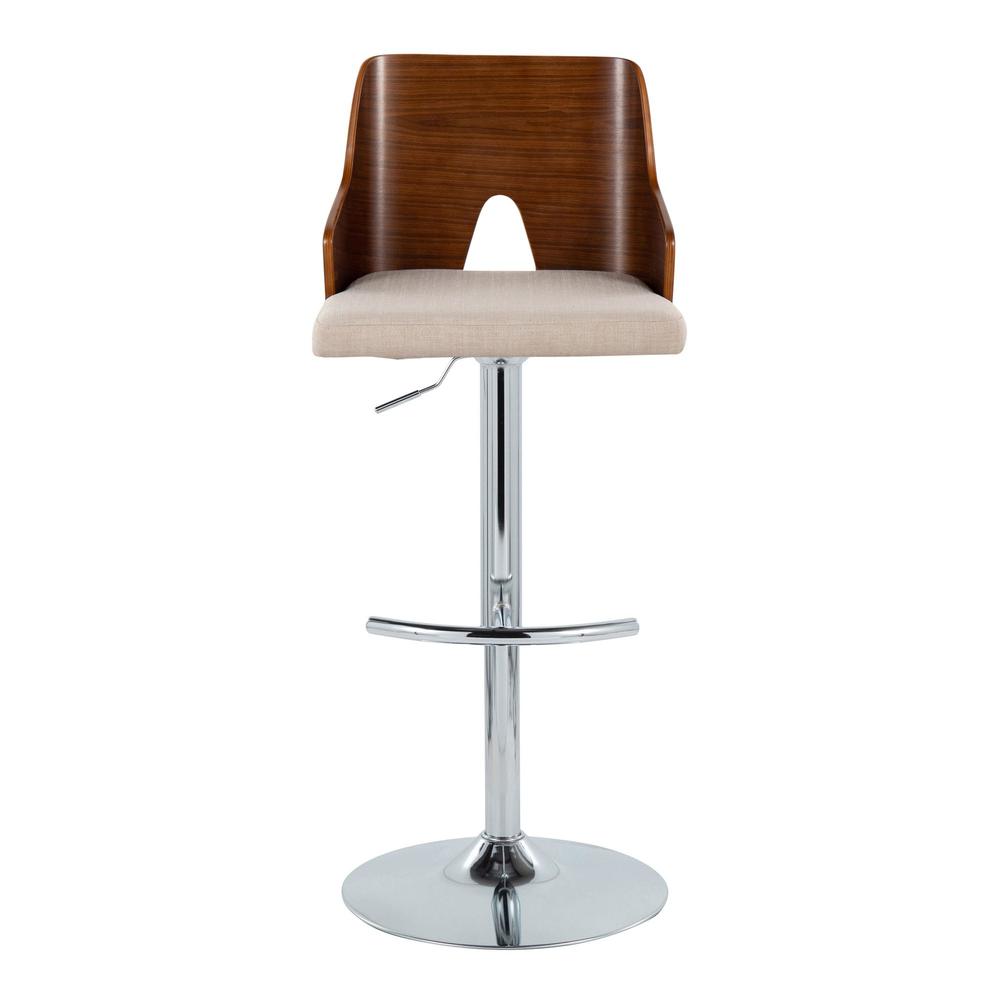Chrome Metal, Walnut Wood, Beige Fabric Ariana Adjustable Barstool - Set of 2. Picture 6