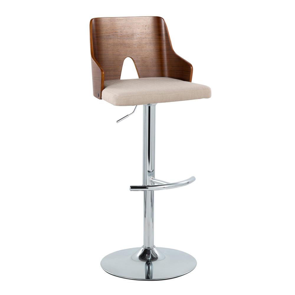 Chrome Metal, Walnut Wood, Beige Fabric Ariana Adjustable Barstool - Set of 2. Picture 2