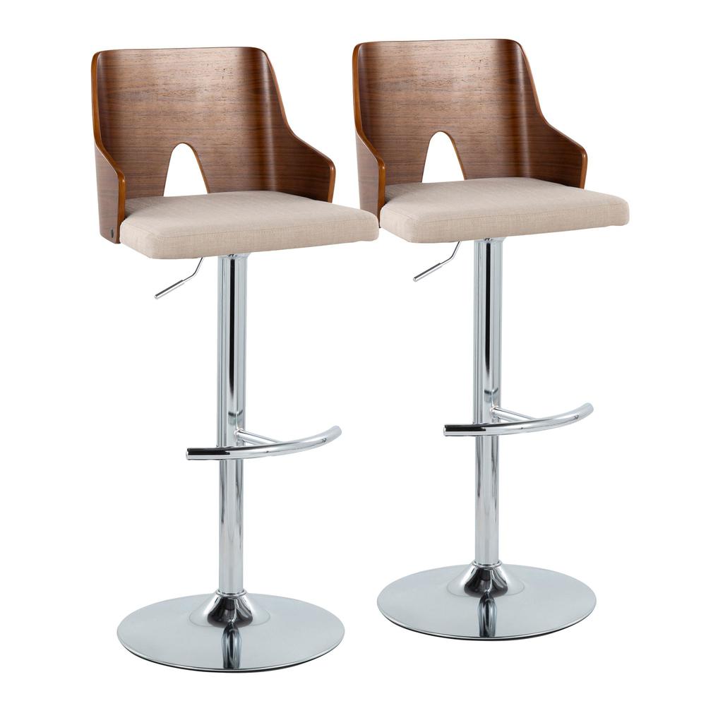 Chrome Metal, Walnut Wood, Beige Fabric Ariana Adjustable Barstool - Set of 2. Picture 1