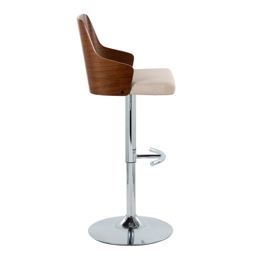 Chrome Metal, Walnut Wood, Beige Fabric Ariana Adjustable Barstool - Set of 2. Picture 3