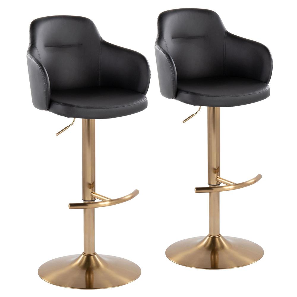 Gold Metal, Black PU Boyne Adjustable Barstool - Set of 2. Picture 1
