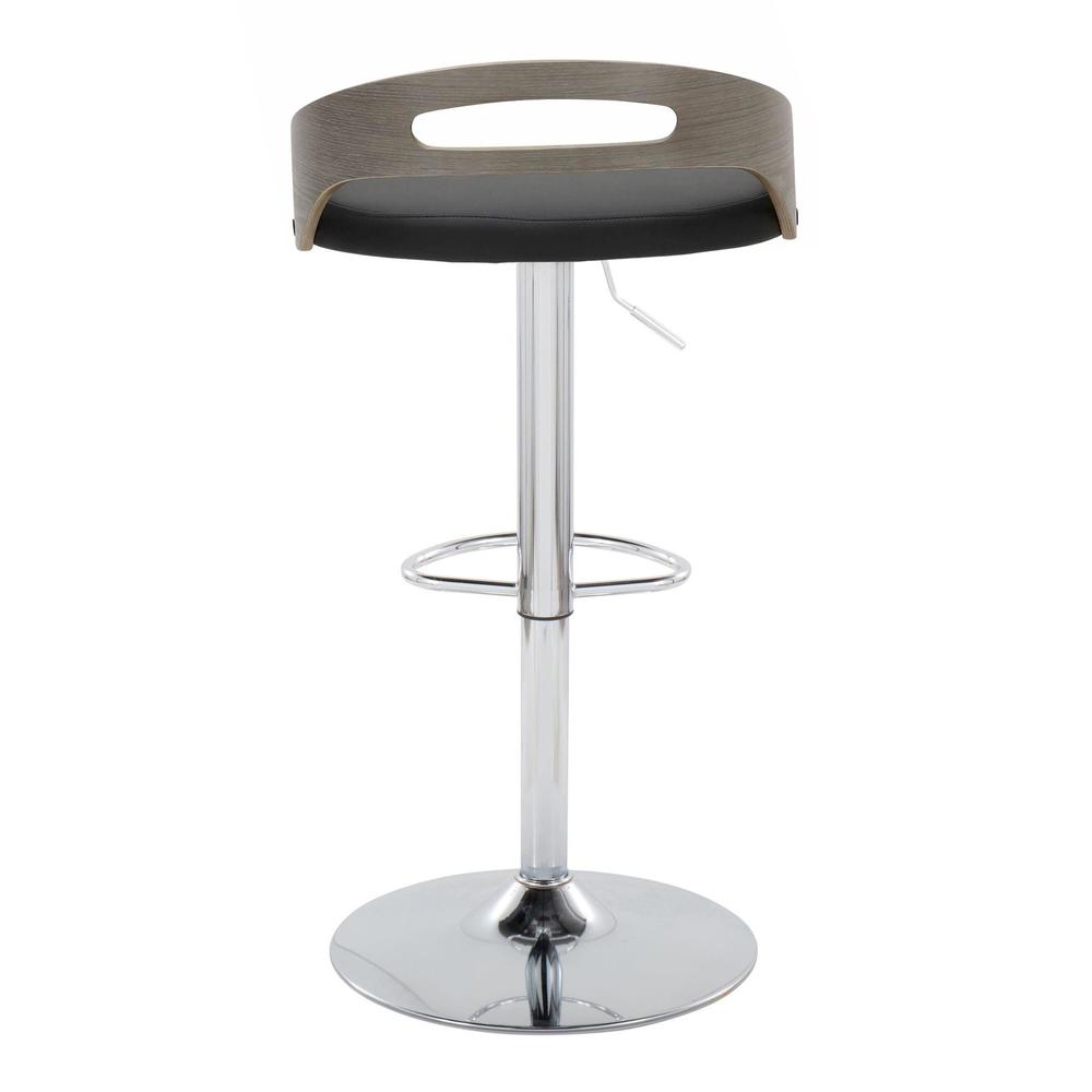 Chrome Metal, Light Grey Wood, Black PU Cassis Adjustable Barstool - Set of 2. Picture 5