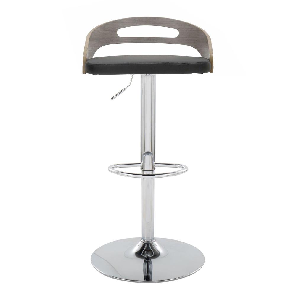 Chrome Metal, Light Grey Wood, Black PU Cassis Adjustable Barstool - Set of 2. Picture 6
