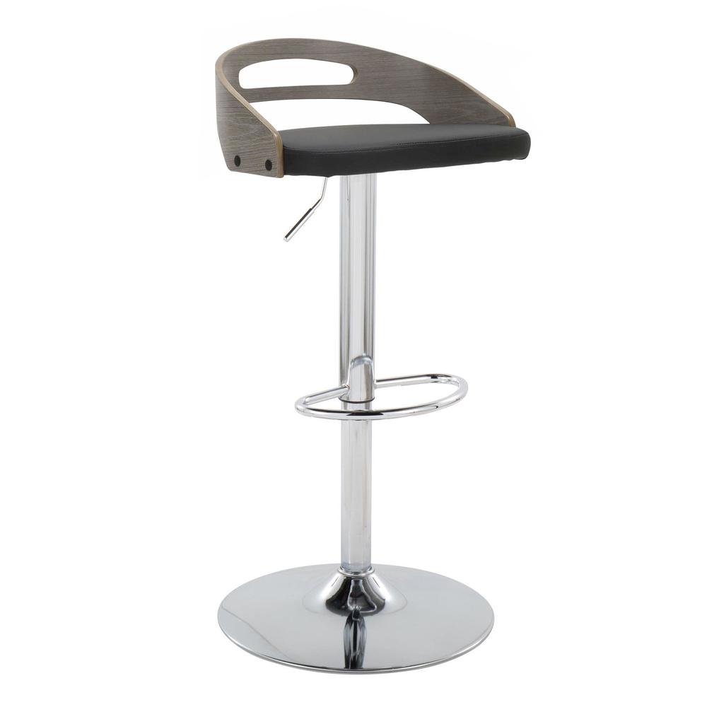 Chrome Metal, Light Grey Wood, Black PU Cassis Adjustable Barstool - Set of 2. Picture 2