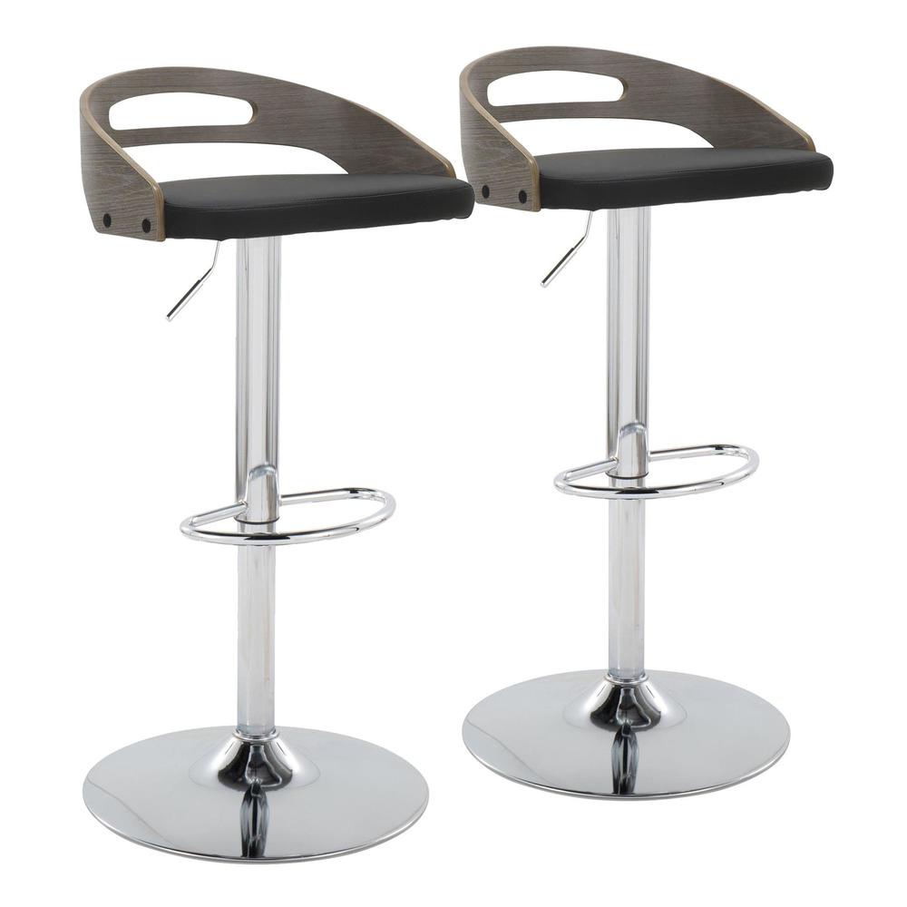 Chrome Metal, Light Grey Wood, Black PU Cassis Adjustable Barstool - Set of 2. Picture 1
