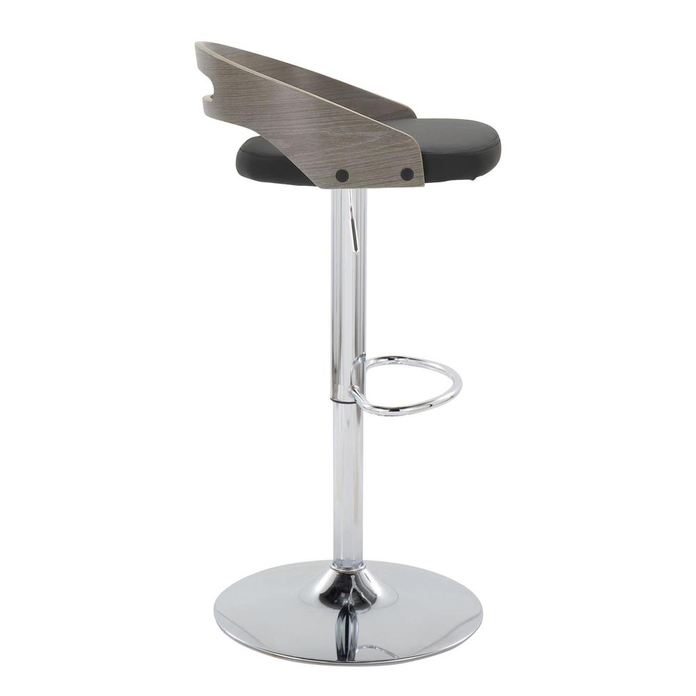 Chrome Metal, Light Grey Wood, Black PU Cassis Adjustable Barstool - Set of 2. Picture 3
