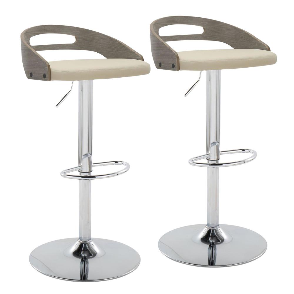 Chrome Metal, Light Grey Wood, Cream PU Cassis Adjustable Barstool - Set of 2. Picture 1