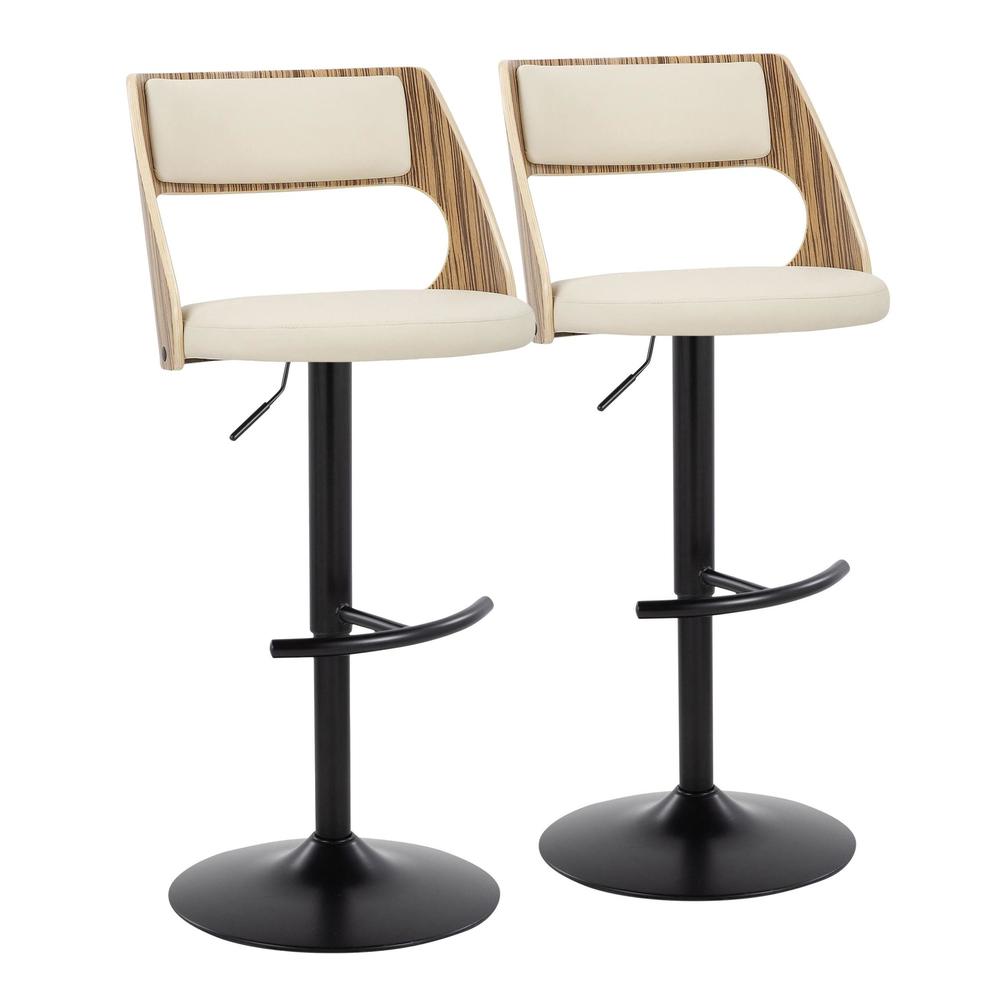 Black Metal, Zebra Wood, Cream PU Cecina Adjustable Barstool - Set of 2. Picture 1