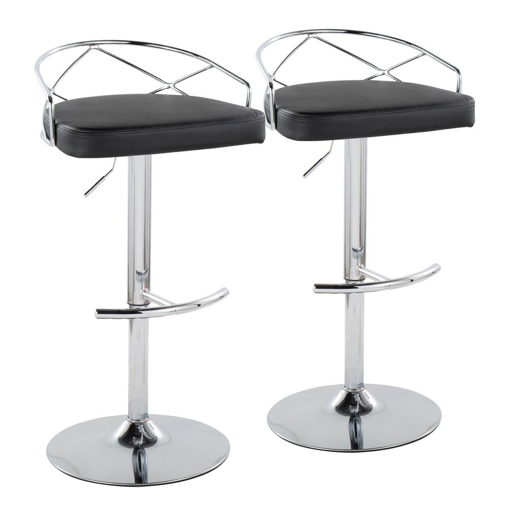 Chrome Metal, Black PU Charlotte Glam Adjustable Barstool - Set of 2. Picture 1