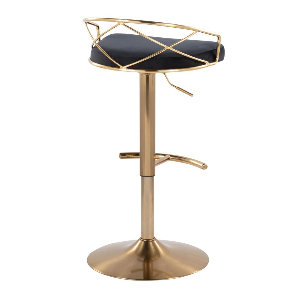 Gold Metal, Black Velvet Charlotte Glam Adjustable Barstool - Set of 2. Picture 4