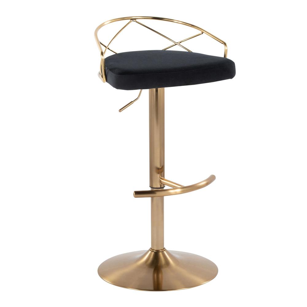 Gold Metal, Black Velvet Charlotte Glam Adjustable Barstool - Set of 2. Picture 2