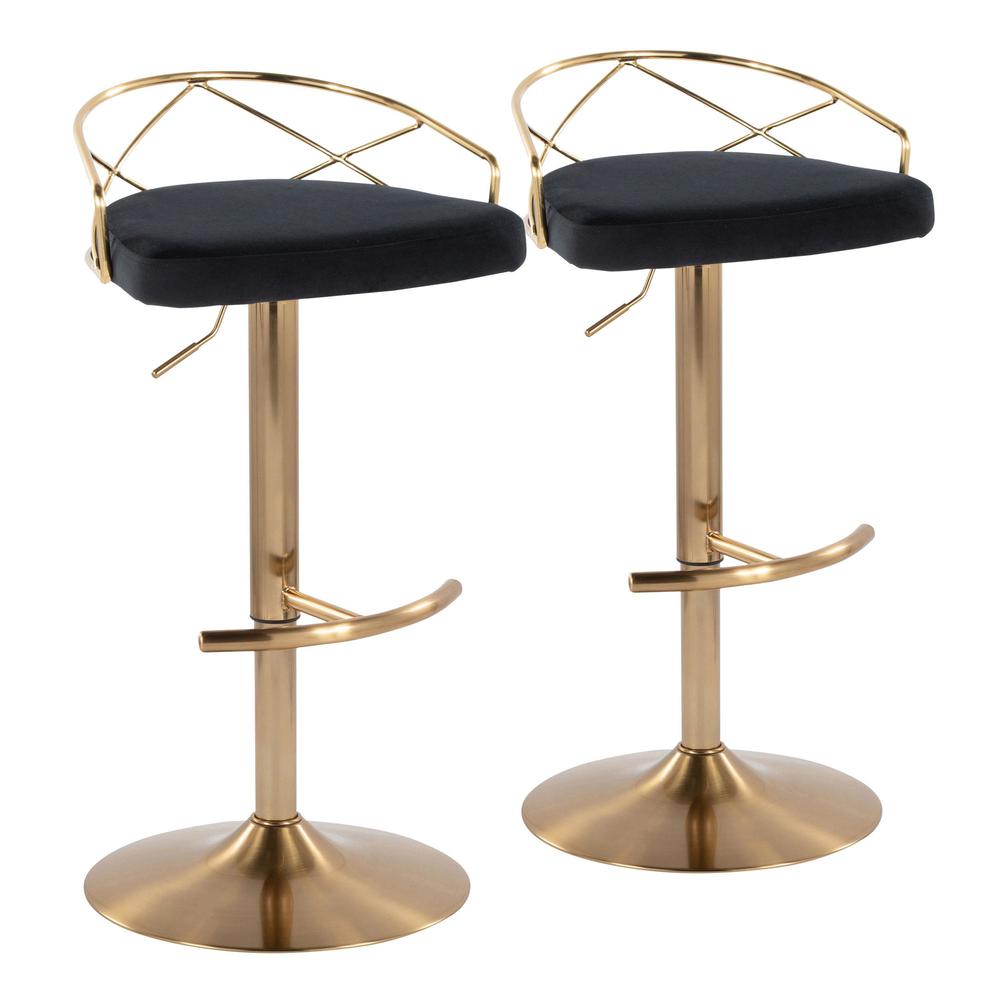 Gold Metal, Black Velvet Charlotte Glam Adjustable Barstool - Set of 2. Picture 1