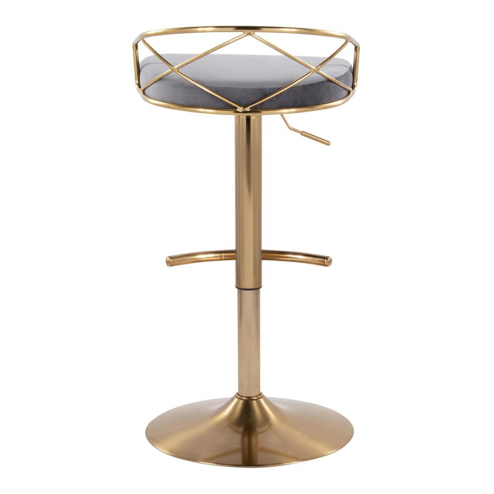 Gold Metal, Grey Velvet Charlotte Glam Adjustable Barstool - Set of 2. Picture 5