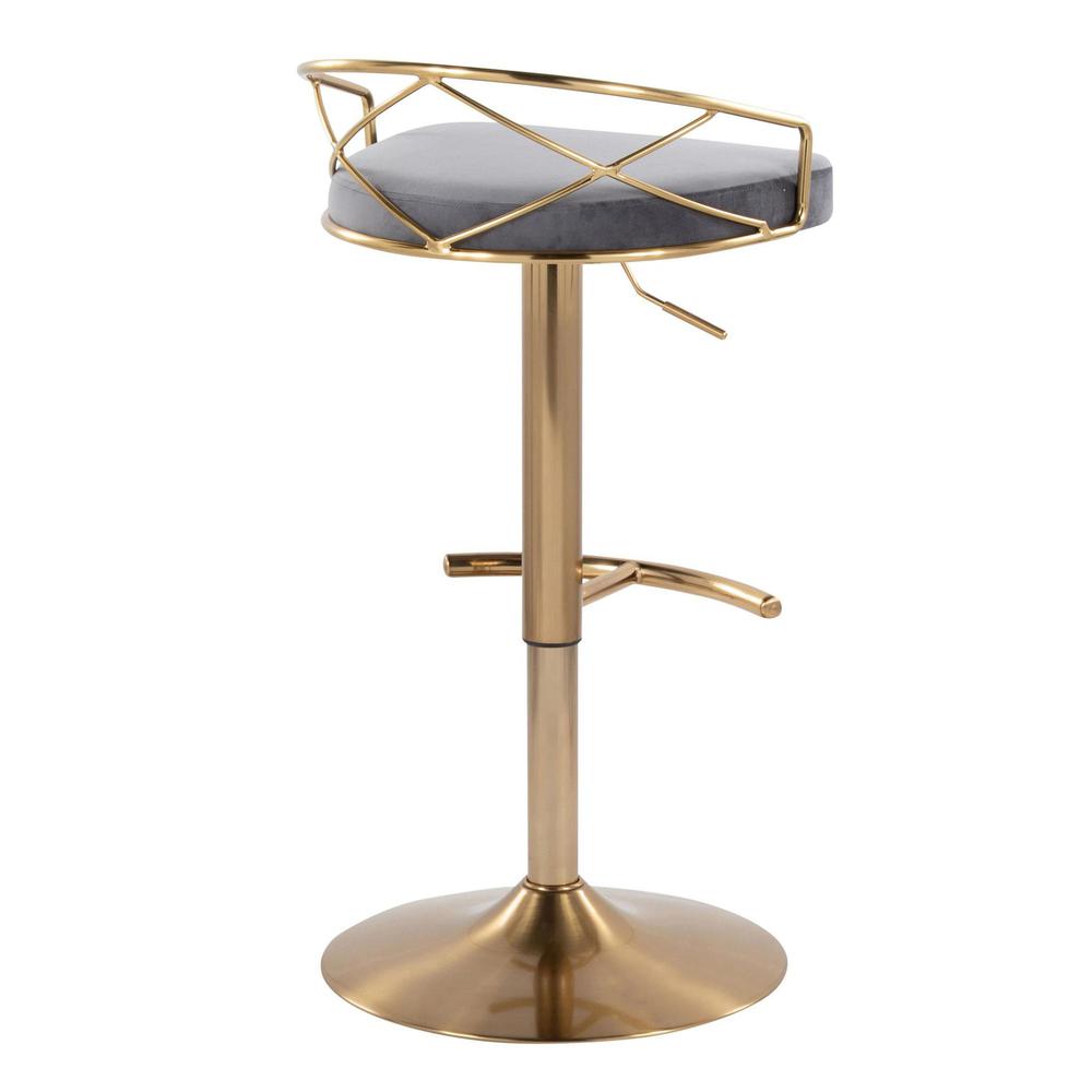 Gold Metal, Grey Velvet Charlotte Glam Adjustable Barstool - Set of 2. Picture 4