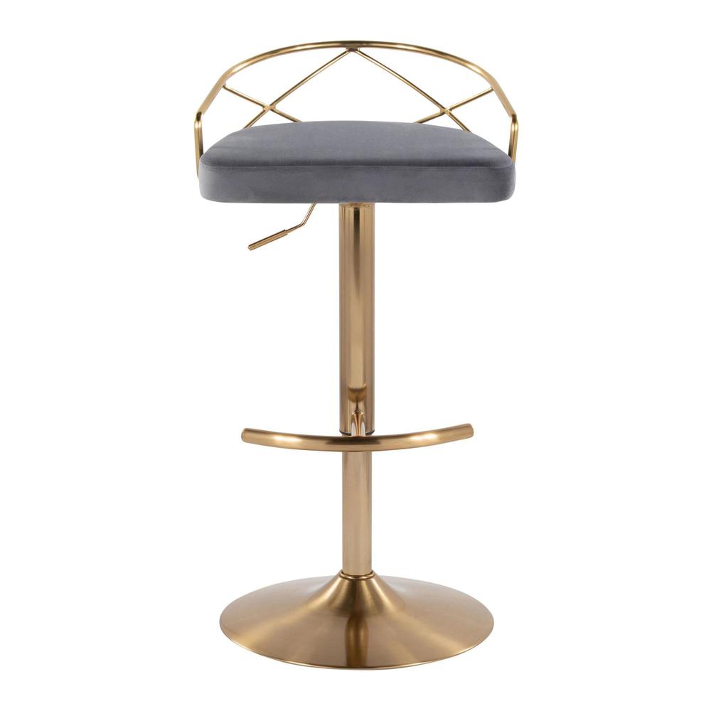 Gold Metal, Grey Velvet Charlotte Glam Adjustable Barstool - Set of 2. Picture 6
