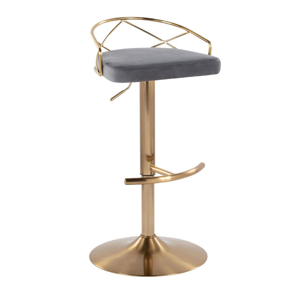 Gold Metal, Grey Velvet Charlotte Glam Adjustable Barstool - Set of 2. Picture 2