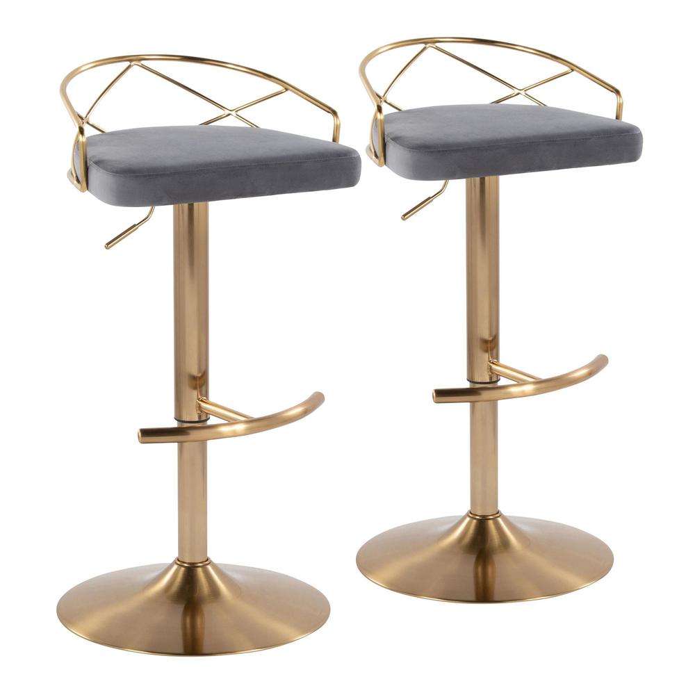 Gold Metal, Grey Velvet Charlotte Glam Adjustable Barstool - Set of 2. Picture 1