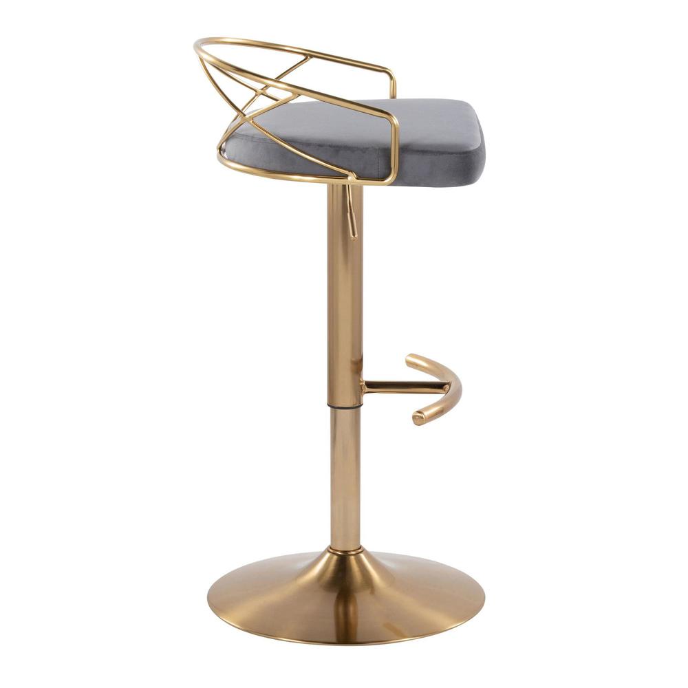 Gold Metal, Grey Velvet Charlotte Glam Adjustable Barstool - Set of 2. Picture 3
