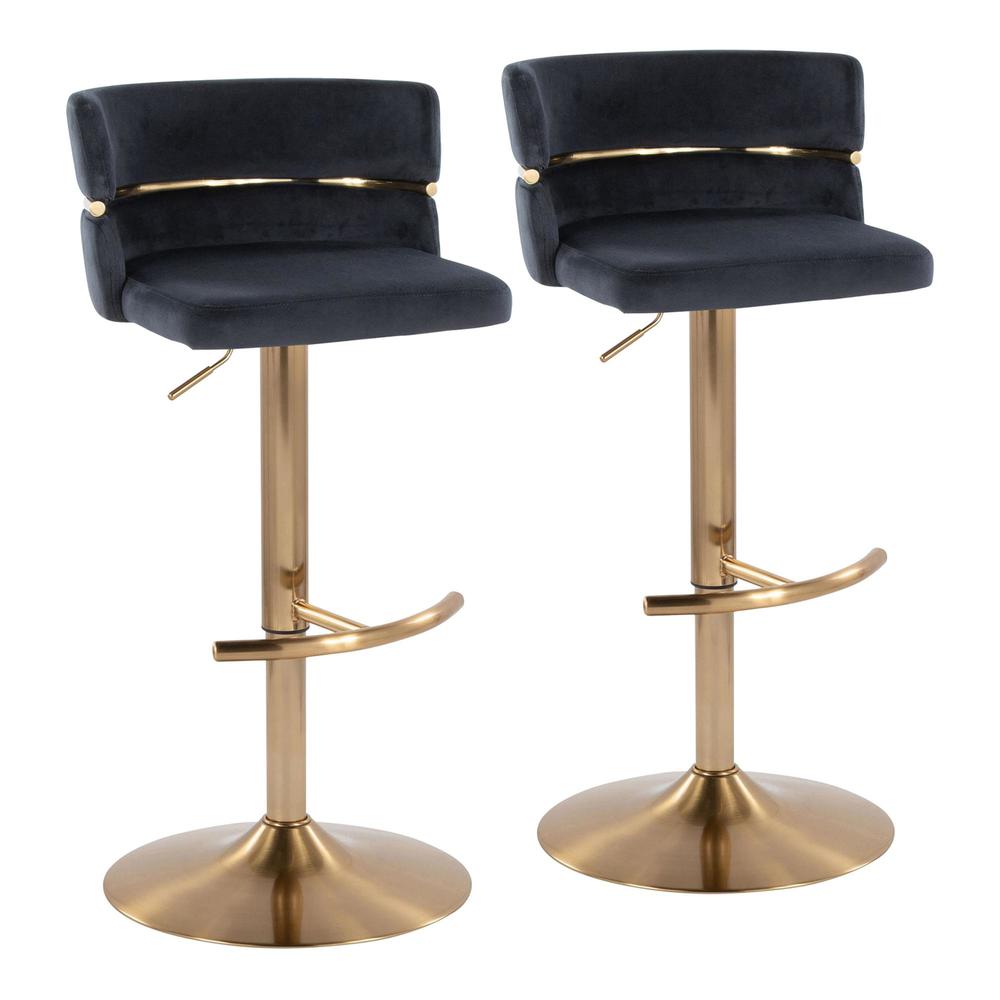 Gold Metal, Black Velvet Cinch Adjustable Barstool - Set of 2. Picture 1