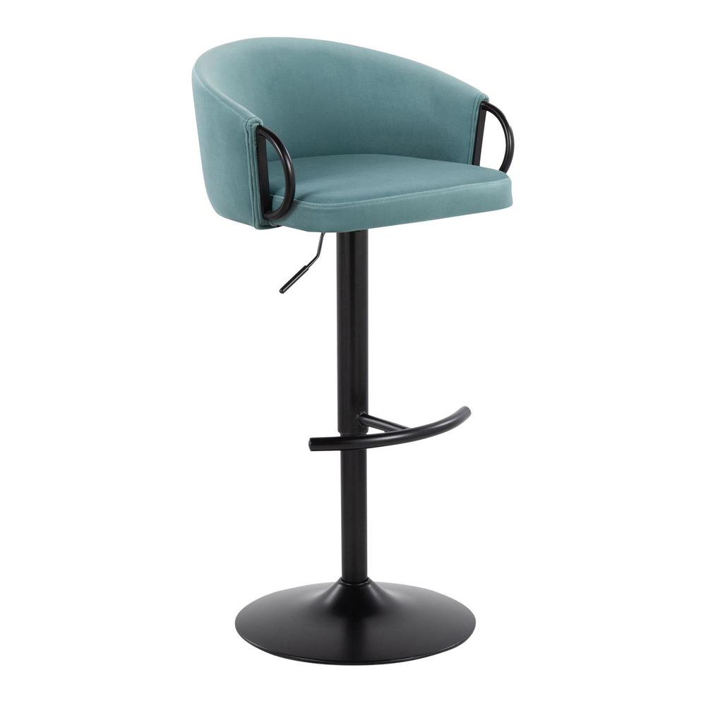Black Metal, Light Blue Velvet Claire Adjustable Barstool – Set of 2. Picture 2
