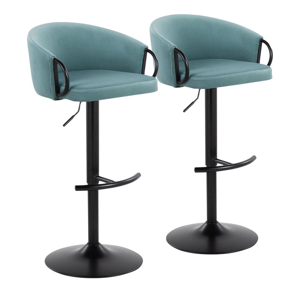 Black Metal, Light Blue Velvet Claire Adjustable Barstool – Set of 2. Picture 1