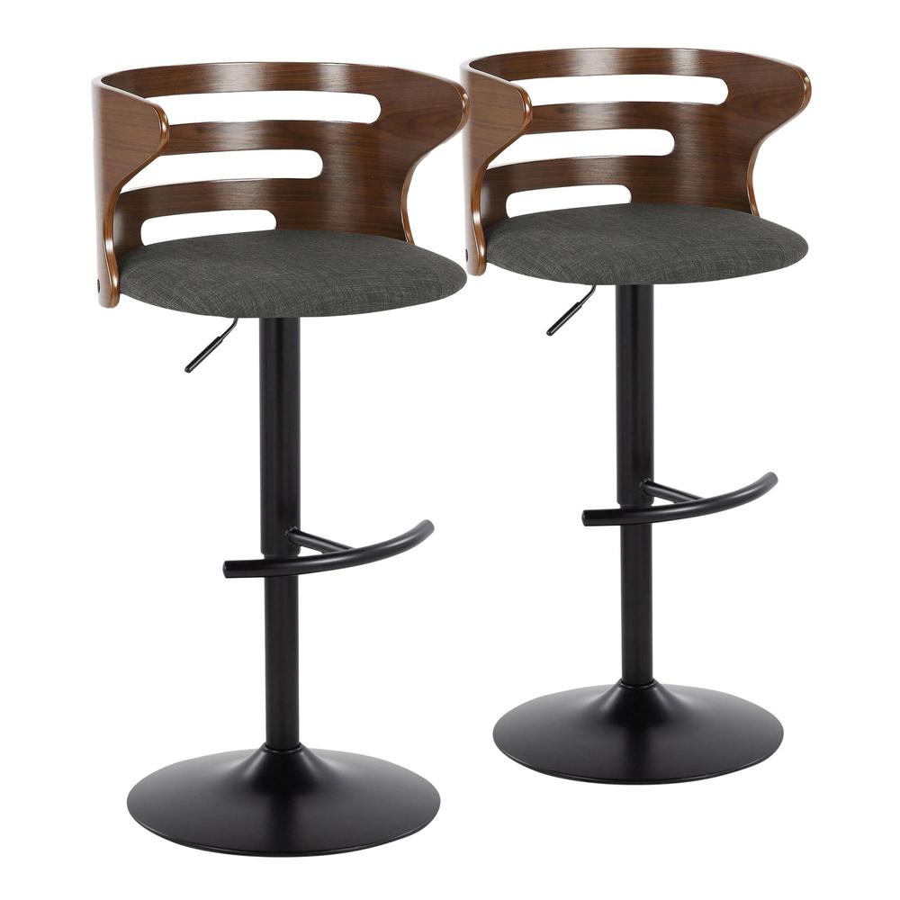 Black Metal, Walnut Wood, Charcoal Fabric Cosi Adjustable Barstool - Set of 2. Picture 1